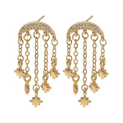 Двойной рог из кубического циркония со звездой серьги-люстры, серьги-подвески с кисточками из настоящей позолоченной латуни 18k для женщин, без кадмия и без свинца