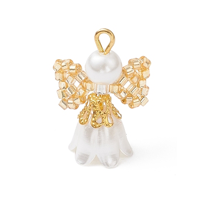 Подвески-ангелы из стеклянных бисеров, с акриловым и пластиковым искусственным жемчугом и медной проволокой, золотой свет