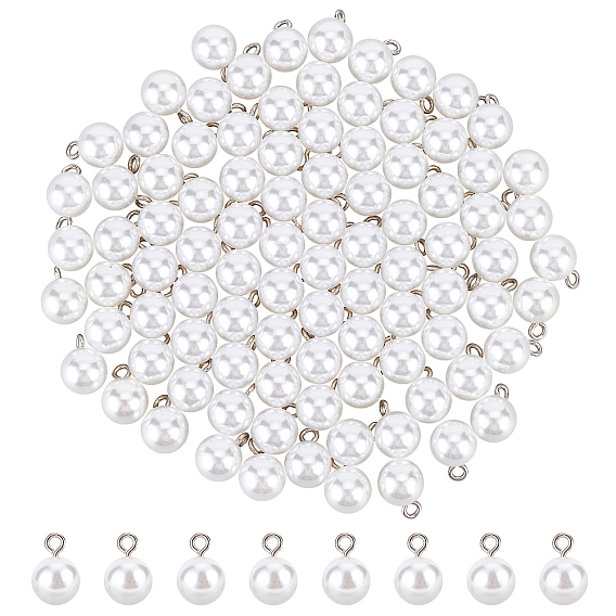 100Pcs Opaque Resin Pendants, Imitation Pearl, with Platinum Tone Iron Loop, Round