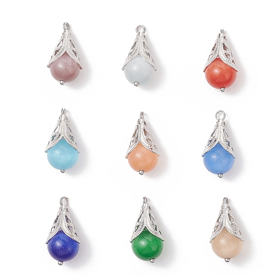 Кошачий глаз с латунными подвесками, круглые, платина