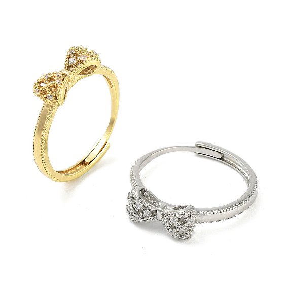 Регулируемые кольца из латуни с бантом и микро-паве с прозрачным фианитом, для женщин