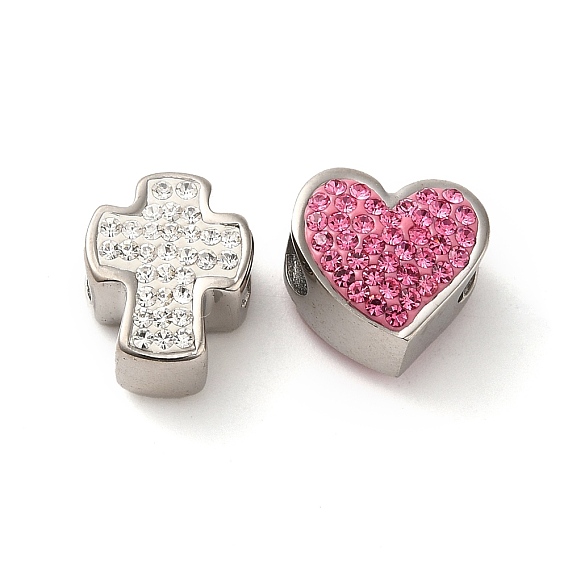 304 Stainless Steel European Beads, with Polymer Clay Rhinestone, Large Hole Beads, Stainless Steel Color, Heart & Cross