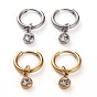 304 Stainless Steel Huggie Hoop Earrings, with Rhinestone Birthstone Charms, Flat Round, Crystal
