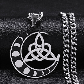 304 Stainless Steel Pendant Necklaces, Moon with Triquetra/Trinity Knot