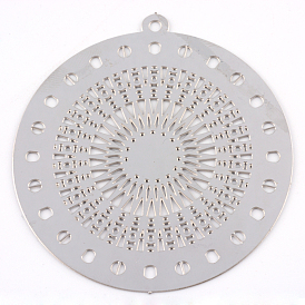 304 Stainless Steel Filigree Big Pendants, Flat Round, 55x50x0.5mm, Hole: 1mm, about 50~65pcs/bag