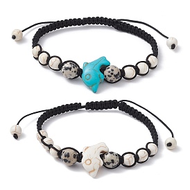 2Pcs 2 Color Synthetic Turquoise Dolphin & Natural Dalmation Jasper Braided Bead Bracelets Set, Nylon Adjustable Bracelets