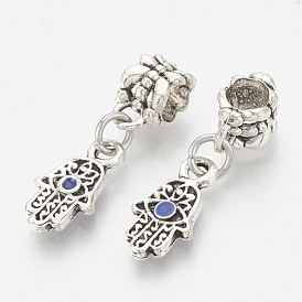 Alloy Enamel European Dangle Charms, Large Hole Pendants, Hamsa Hand/Hand of Fatima /Hand of Miriam with Eye, Blue