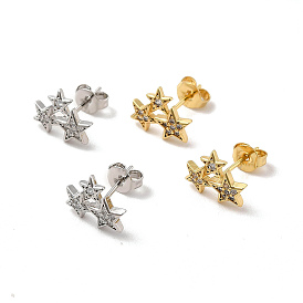Rack Plating Brass Micro Pave Clear Cubic Zirconia 3 Star Stud Earrings, Long-Lasting Plated, Lead Free & Cadmium Free