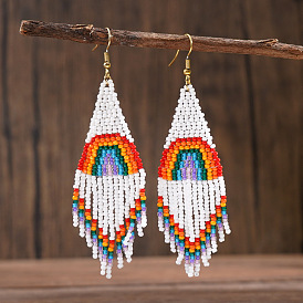 Bohemian Handwoven Rainbow Glass Beaded Tassel Dangle Earrings