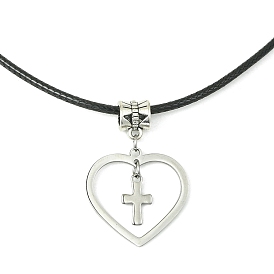 304 petite croix en acier inoxydable et 201 colliers à pendentif cœur en acier inoxydable, avec des cordes en cuir imitation