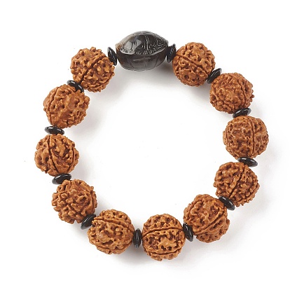Mala Beads Bracelet, Round Natural Rudraksha Beaded Stretch Bracelet for Women, with Plastic Beads