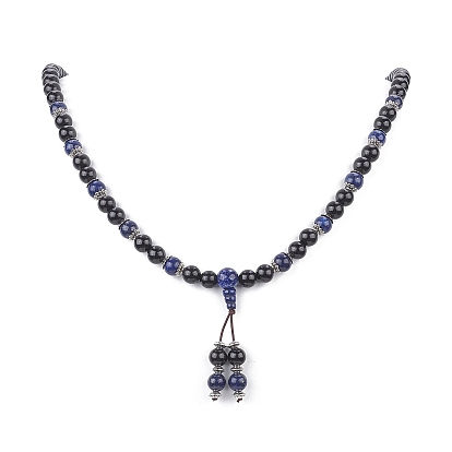 Natural Lapis Lazuli & Wood Buddhist Necklace, Alloy Gourd Lariat Necklace for Women
