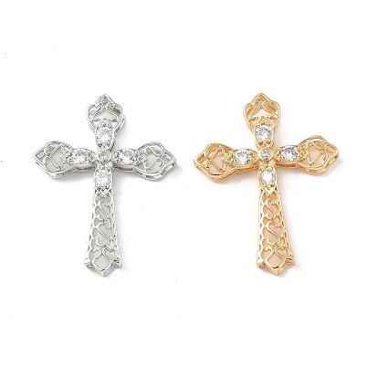 Brass Micro Pave Clear Cubic Zirconia Pendants, with Glass, Cross Charm