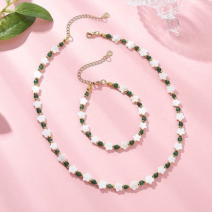 Комплекты браслетов и ожерелий из натуральных пресноводных ракушек и круглого окрашенного натурального белого нефрита