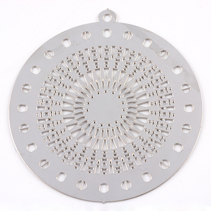 304 Stainless Steel Filigree Big Pendants, Flat Round, 55x50x0.5mm, Hole: 1mm, about 50~65pcs/bag
