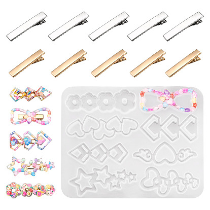 DIY Hair Jewelry Kits, including 1Pc Silicone Hair Clip Molds and 20Pcs Iron Alligator Hair Clips Findings, Mixed Shapes