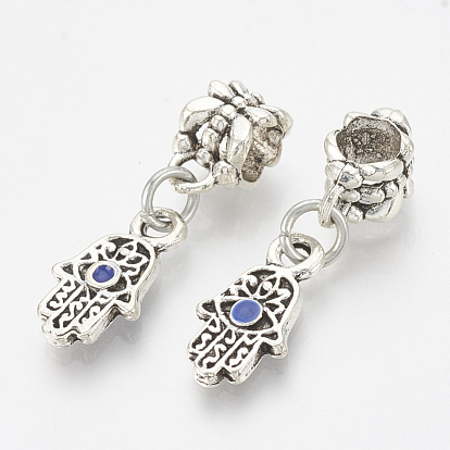 Alloy Enamel European Dangle Charms, Large Hole Pendants, Hamsa Hand/Hand of Fatima /Hand of Miriam with Eye, Blue