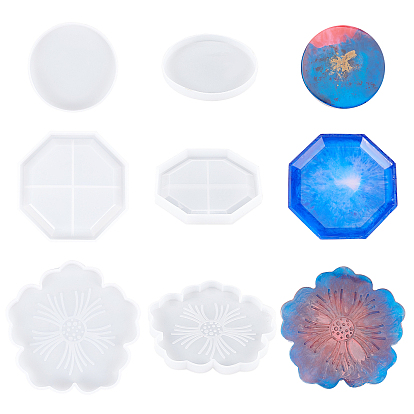 Cup Mat Silicone Molds Sets, Resin Casting Molds, For UV Resin, Epoxy Resin Craft Making, Flat Round & Sakura & Octagon