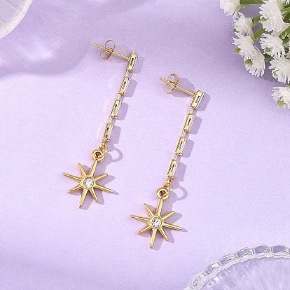 304 de acero inoxidable aretes, estrella, Pendientes colgantes de circonita cúbica transparente con pavé de latón