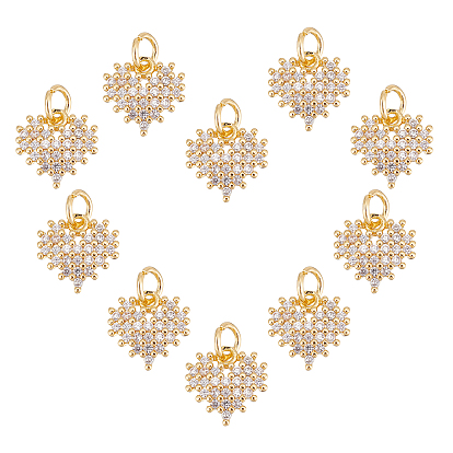 10Pcs Brass Micro Pave Clear Cubic Zirconia Charms, Nickel Free, Heart
