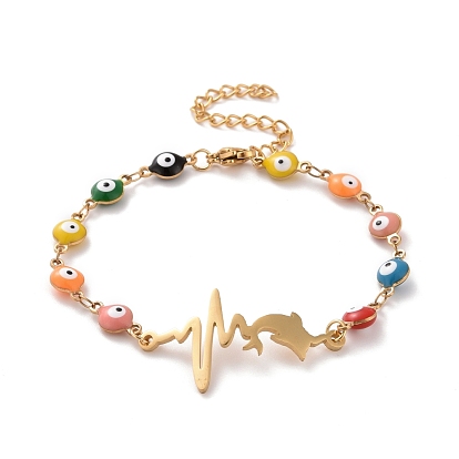 Вакуумное покрытие pvd 304 браслет из нержавеющей стали с изображением биения сердца и дельфина, красочный эмалевый браслет с цепями от сглаза для женщин