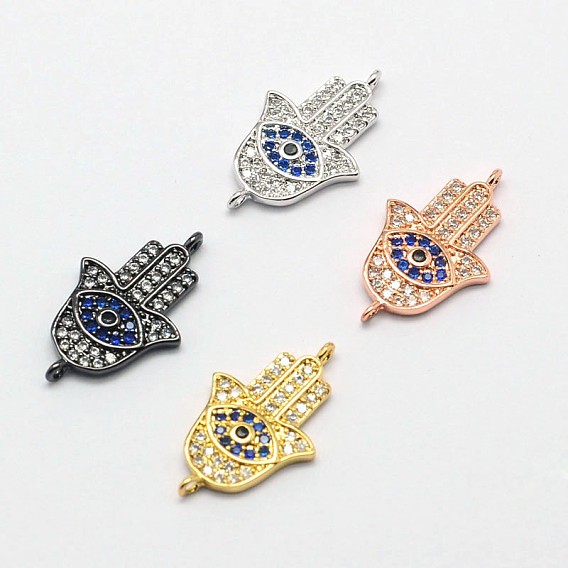 Hamsa рука / рука fatima / рука Miriam латунь микро проложить кубические циркониевые ссылки, без кадмия, без никеля и без свинца, 18x11x2 мм, отверстие : 1 мм