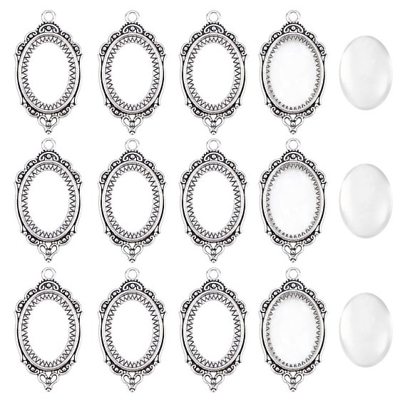 100 Pcs DIY Oval Pendant Making Kits, Including Alloy Pendant Cabochon Bezel Open Back Settings and Transparent Glass Cabochons