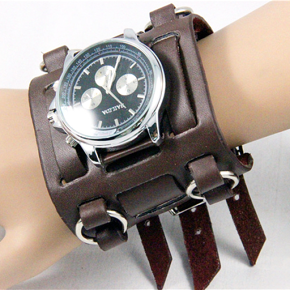 Punk Rock Leather Watch Bracelet, Quartz Watch with Alloy Findings, 280x75mm