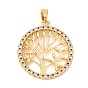 Brass Micro Pave Clear Cubic Zirconia Pendants, Flat Round with Tree Charms