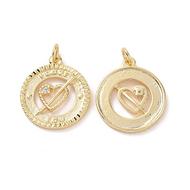Brass Cubic Zirconia Pendants, with Jump Ring, Flat Round with Heart & Arrow & Word I LOVE YOU Charm, for Valentine's Day