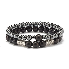 Natural Wood Round Beads Stretch Bracelets Set, Synthetic Hematite Beads Power Bracelets, 304 Stainless Steel Grooved Tube Beads Bracelets for Men Women
