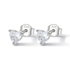 Rhodium Plated Sterling Silver Heart Stud Earrings, with Cubic Zirconia, with 925 Stamp