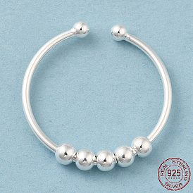 925 Sterling Silver Open Cuff Rings, Rotating Beaded Ring for Calming Worry