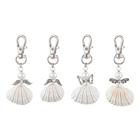 4Pcs 4 Styles Angel Alloy & Wire Wrapped Natural Shell Pendant Decorations, Swivel Clasps Charms for Bag Ornaments