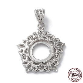 Rhodium Plated Rack Plating 925 Sterling Silver Pendants Cabochon Settings, Flower, with 925 Stamp