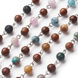 Handmade Natural Mixed Gemstone Beaded Chains, Unwelded, with Wood Beads and Iron Eye Pin