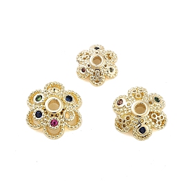 Flower Brass Cubic Zirconia Bead Caps, Cadmium Free & Lead Free, 6-Petal, Long-Lasting Plated