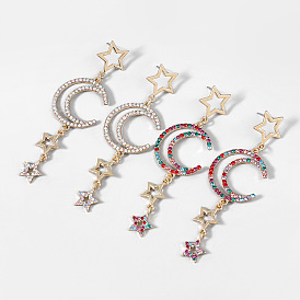 Fashion Diamond Alloy Inlaid Water Drill Star Moon Earrings for Women
