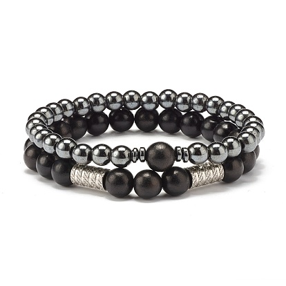 Natural Wood Round Beads Stretch Bracelets Set, Synthetic Hematite Beads Power Bracelets, 304 Stainless Steel Grooved Tube Beads Bracelets for Men Women