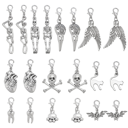 20шт 10 стили подвеска из сплава в тибетском стиле украшения, с карабин-лобстерами , череп, летучая мышь и скелет