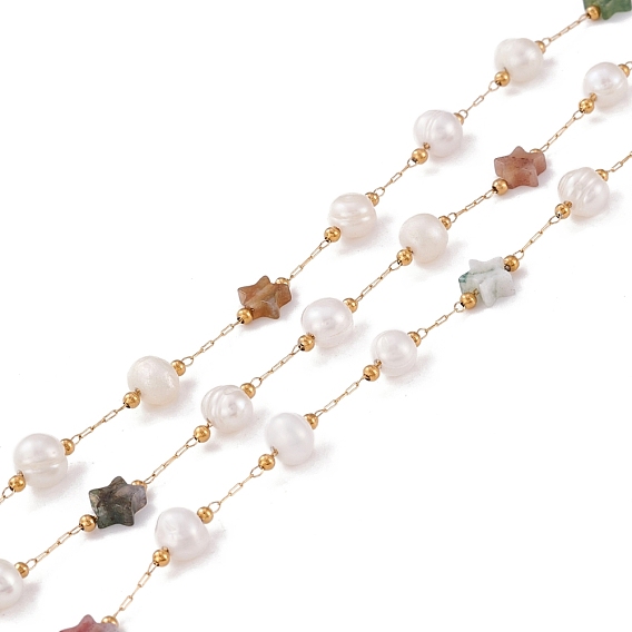 Natural Gemstone Star and Pearl Beaded Chains, with Stainless Steel Findings, Long-Lasting Plated, Soldered, with Spool, Golden