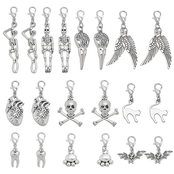 20шт 10 стили подвеска из сплава в тибетском стиле украшения, с карабин-лобстерами , череп, летучая мышь и скелет