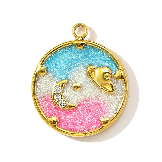 304 нержавеющей стальной эмали подвески, плоский круг с подвесками в виде луны и планет, реальный 18 k позолоченный, ионное покрытие (ip)