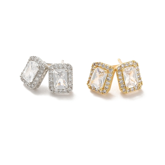 Clear Cubic Zirconia Rectangle Stud Earrings, Long-Lasting Plated Brass Jewelry for Women, Cadmium Free & Lead Free