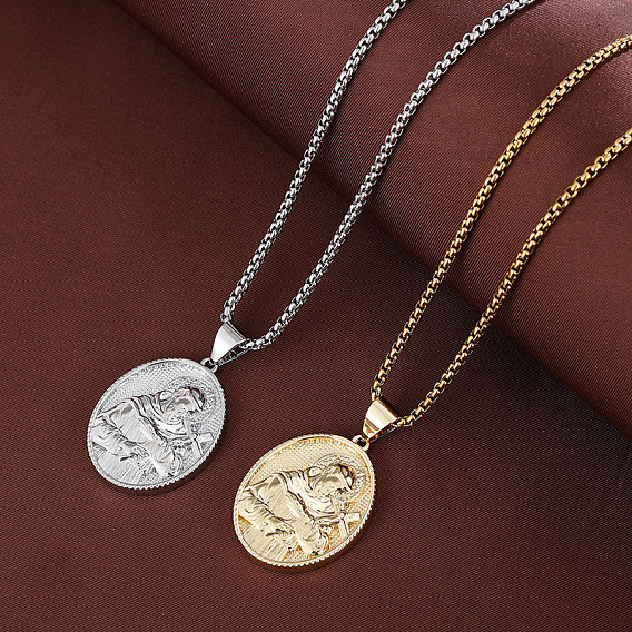 Religion Brass Oval with Embossed Saint Pendant Necklaces for Women