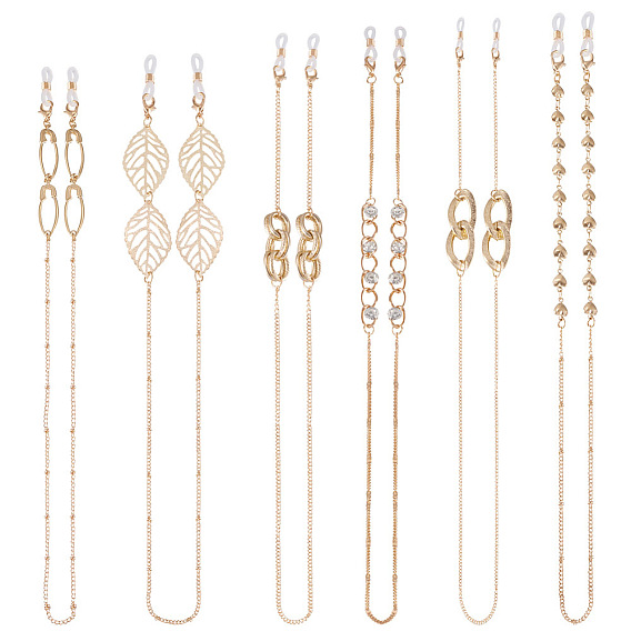 6 шт 6 стиль цинковый сплав цепочки для очков, шейный ремешок для очков, с пластиковыми петлями на концах, с блокирующим кольцом, листом, стразами и подвеской в виде сердца