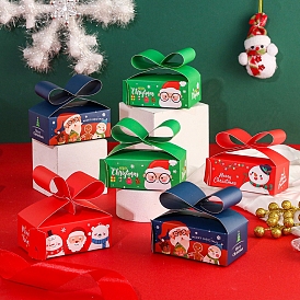 Rectangle Paper Bakery Boxes with Bowknot Handle, Christmas Theme, for Mini Cake, Cupcake, Cookie Packing