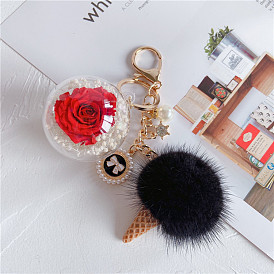 Cute Ferret Fur Ice Cream Cone Car Keychain for Girls - Eternal Flower Gift Bag Pendant