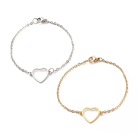 201 Stainless Steel Heart Link Bracelet with 304 Stainless Steel Cable Chains for Women