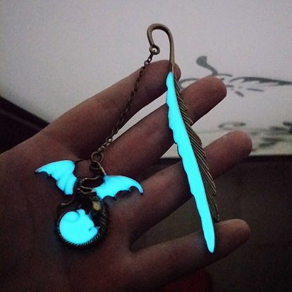 Luminous Alloy Bookmarks, Glow in the Dark Feather Bookmarks, Dragon Pendant Book Marker, with Cable Chains